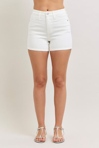 JUDY BLUE HW SLIM DENIM SHORTS IN WHITE-SHORTS-MODE-Couture-Boutique-Womens-Clothing