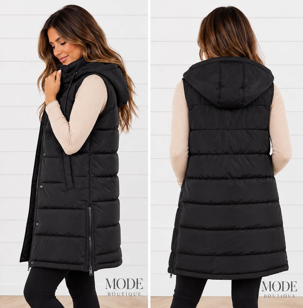 APRES SKI LONG PUFFER VEST IN BLACK-Puffer Vests-MODE-Couture-Boutique-Womens-Clothing