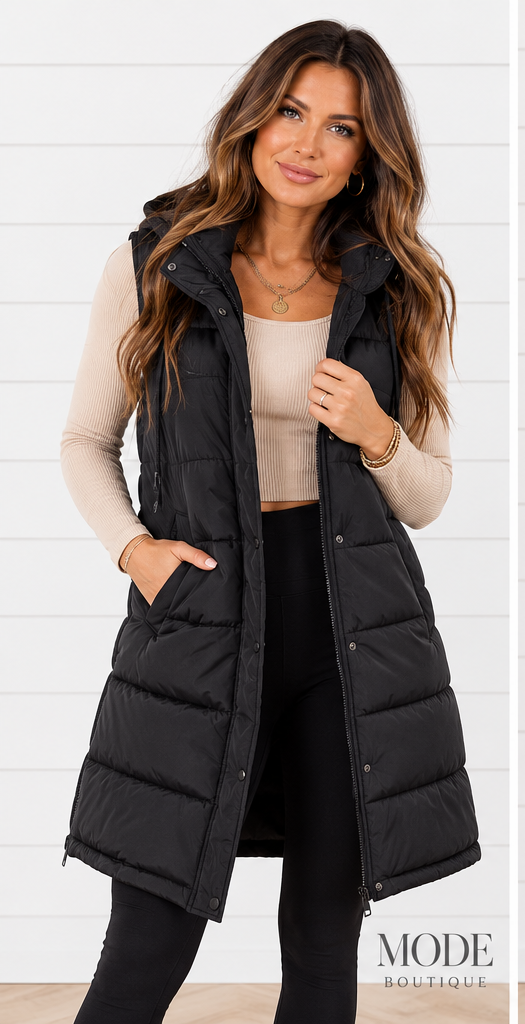 APRES SKI LONG PUFFER VEST IN BLACK-Puffer Vests-MODE-Couture-Boutique-Womens-Clothing