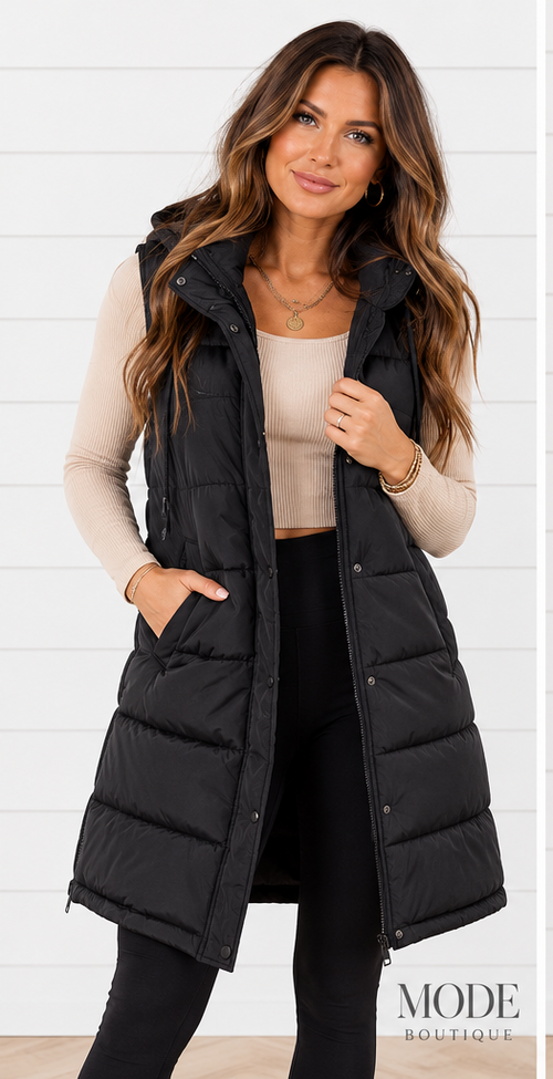 APRES SKI LONG PUFFER VEST IN BLACK-Puffer Vests-MODE-Couture-Boutique-Womens-Clothing