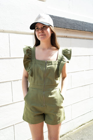 PALM AVENUE RUFFLE SHORT SLEEVE ROMPER IN OLIVE-ROMPER-MODE-Couture-Boutique-Womens-Clothing