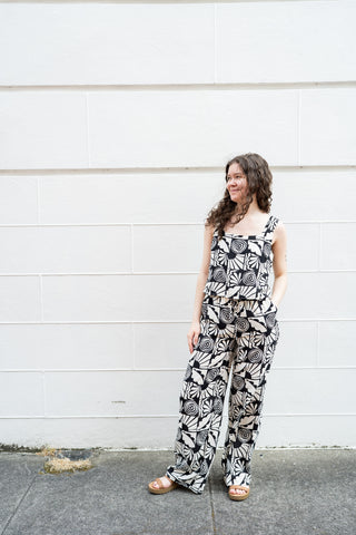 CICI SQUARE NECK TOP AND ELASTIC WAIST TIE ABSTRACT PRINT PANTS IN IVORY/BLACK-MATCHING SET-MODE-Couture-Boutique-Womens-Clothing