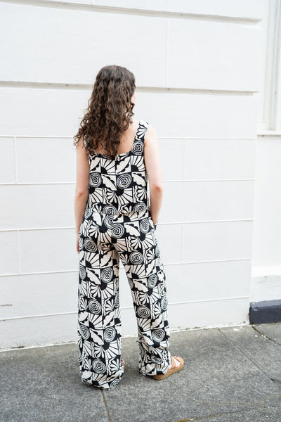 CICI SQUARE NECK TOP AND ELASTIC WAIST TIE ABSTRACT PRINT PANTS IN IVORY/BLACK-MATCHING SET-MODE-Couture-Boutique-Womens-Clothing