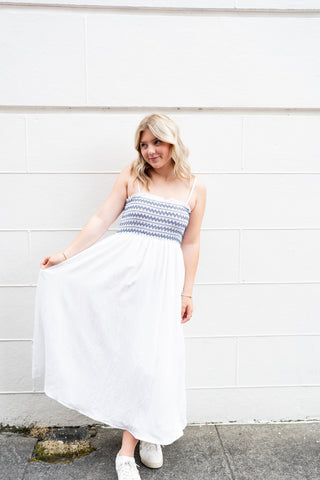 SAIL AWAY SMOCKED EMBROIDERED TANK MIDI DRESS IN WHITE-Dresses-MODE-Couture-Boutique-Womens-Clothing