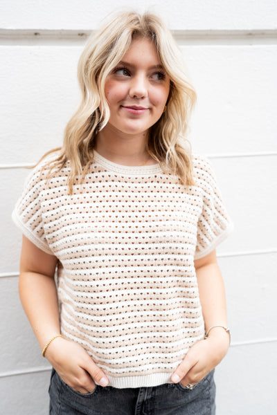 HARBOR STRIPE KNIT TEE IN KHAKI-Tops-MODE-Couture-Boutique-Womens-Clothing