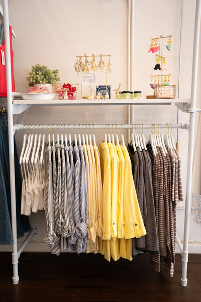TIMELESS STRIPED BUTTON DOWN BLOUSE IN LEMON-Tops-MODE-Couture-Boutique-Womens-Clothing