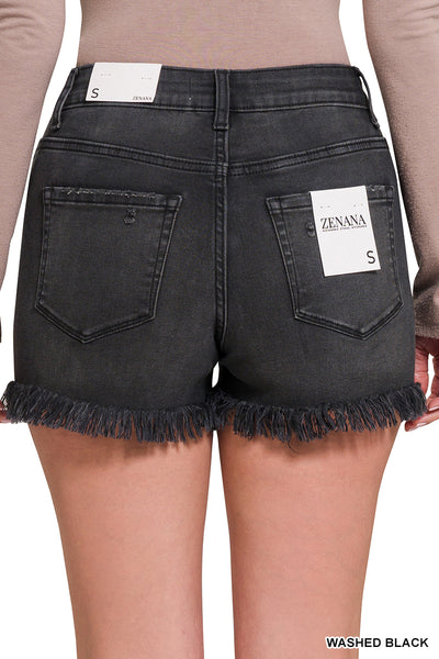 FELICIA FRAYED HEM BUTTON FLY SHORTS IN WASHED BLACK-SHORTS-MODE-Couture-Boutique-Womens-Clothing
