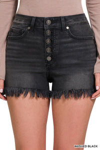 FELICIA FRAYED HEM BUTTON FLY SHORTS IN WASHED BLACK-SHORTS-MODE-Couture-Boutique-Womens-Clothing