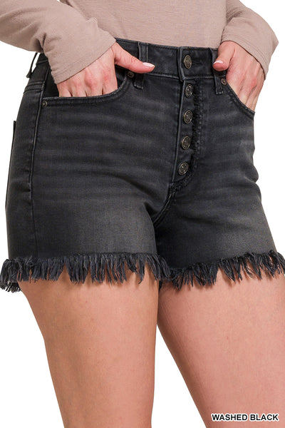 FELICIA FRAYED HEM BUTTON FLY SHORTS IN WASHED BLACK-SHORTS-MODE-Couture-Boutique-Womens-Clothing