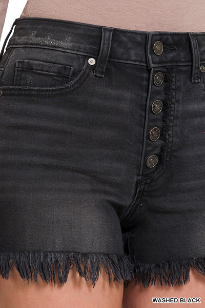 FELICIA FRAYED HEM BUTTON FLY SHORTS IN WASHED BLACK-SHORTS-MODE-Couture-Boutique-Womens-Clothing