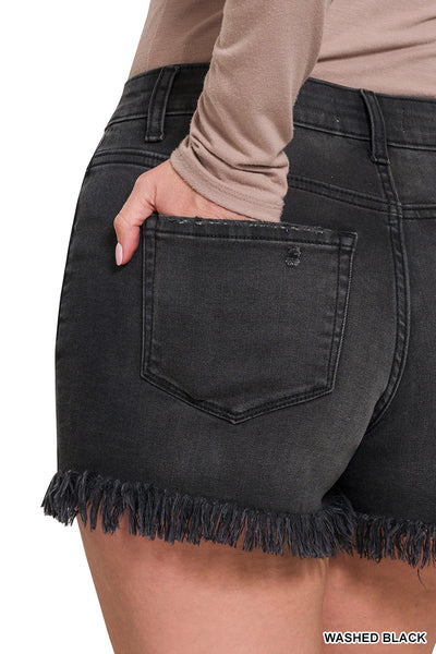 FELICIA FRAYED HEM BUTTON FLY SHORTS IN WASHED BLACK-SHORTS-MODE-Couture-Boutique-Womens-Clothing