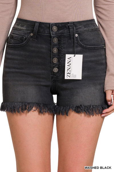 FELICIA FRAYED HEM BUTTON FLY SHORTS IN WASHED BLACK-SHORTS-MODE-Couture-Boutique-Womens-Clothing