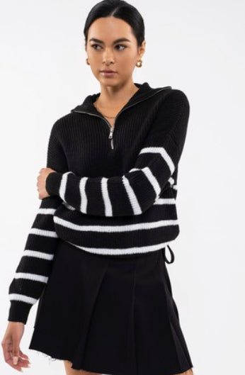 SERENA STRIPED HALF ZIP SWEATER IN BLACK-MODE-Couture-Boutique-Womens-Clothing