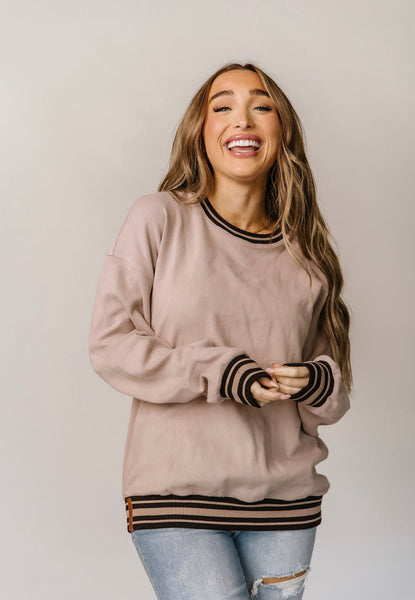 AMPERSAND AVENUE SOUL SISTER UNIVERSITY PULLOVER IN TAN-MODE-Couture-Boutique-Womens-Clothing