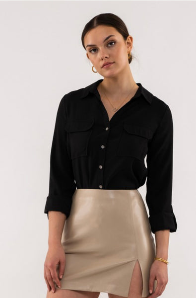 HALSEY COLLARED BUTTON UP WOVEN TOP IN BLACK-Tops-MODE-Couture-Boutique-Womens-Clothing