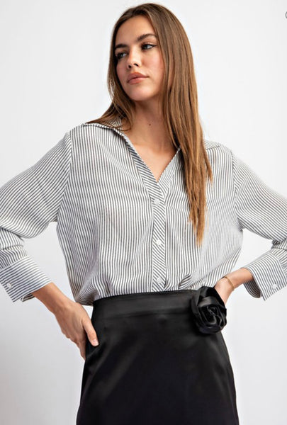 CARSYN STRIPED BUTTON DOWN BLOUSE TOP IN OFF WHITE-MODE-Couture-Boutique-Womens-Clothing