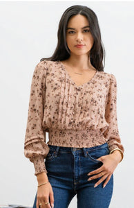 FALLING FAST FLORAL PLEATED TOP IN MOCHA-MODE-Couture-Boutique-Womens-Clothing