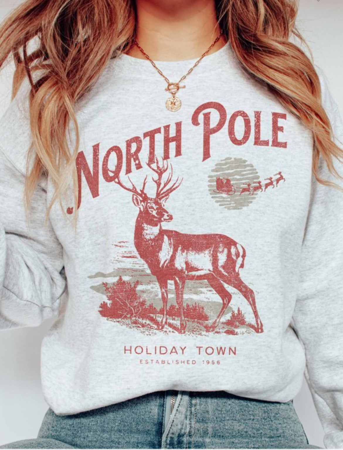 NORTH POLE HOLIDAY TOWN GRAPHIC SWEATSHIRT IN ASH-Graphic Sweatshirt-MODE-Couture-Boutique-Womens-Clothing