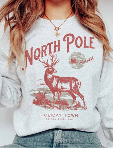 NORTH POLE HOLIDAY TOWN GRAPHIC SWEATSHIRT IN ASH-Graphic Sweatshirt-MODE-Couture-Boutique-Womens-Clothing
