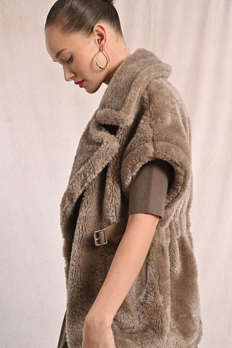 SEE ME WOVEN SLEEVELESS FUR JACKET IN BROWN-Jacket-MODE-Couture-Boutique-Womens-Clothing