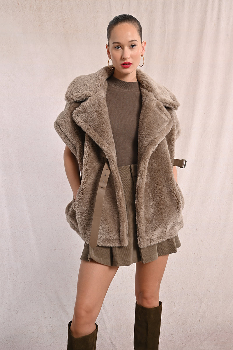SEE ME WOVEN SLEEVELESS FUR JACKET IN BROWN-Jacket-MODE-Couture-Boutique-Womens-Clothing