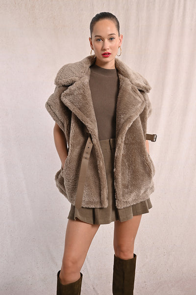 SEE ME WOVEN SLEEVELESS FUR JACKET IN BROWN-Jacket-MODE-Couture-Boutique-Womens-Clothing