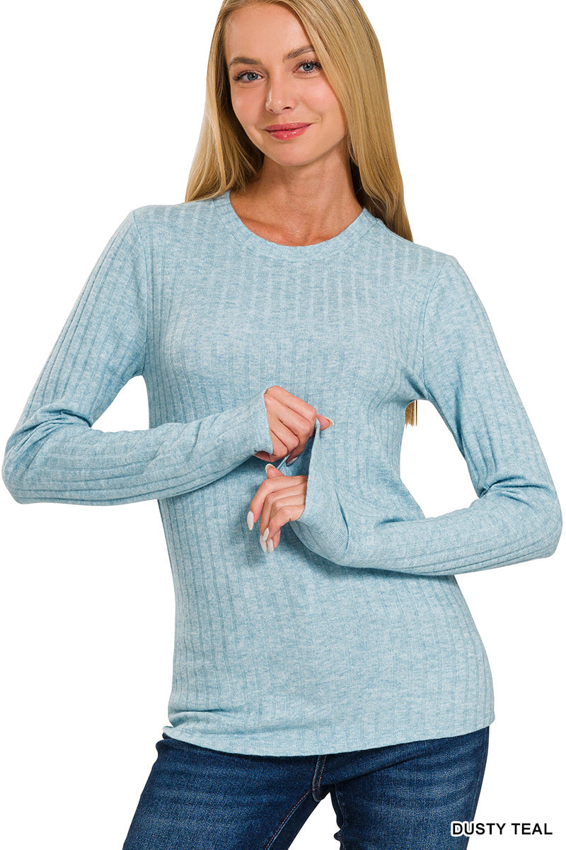 MARIANNA RIBBED ROUND NECK TOP IN DUSTY TEAL-Tops-MODE-Couture-Boutique-Womens-Clothing