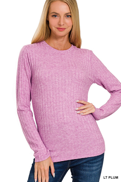 MARIANNA RIBBED ROUND NECK TOP IN LIGHT PLUM-Tops-MODE-Couture-Boutique-Womens-Clothing