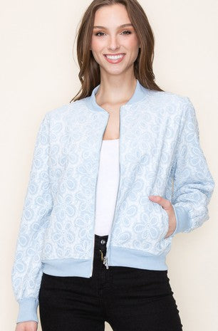 CICI FLORAL EMBROIDERED BOMBER JACKET IN CHAMBRAY-MODE-Couture-Boutique-Womens-Clothing