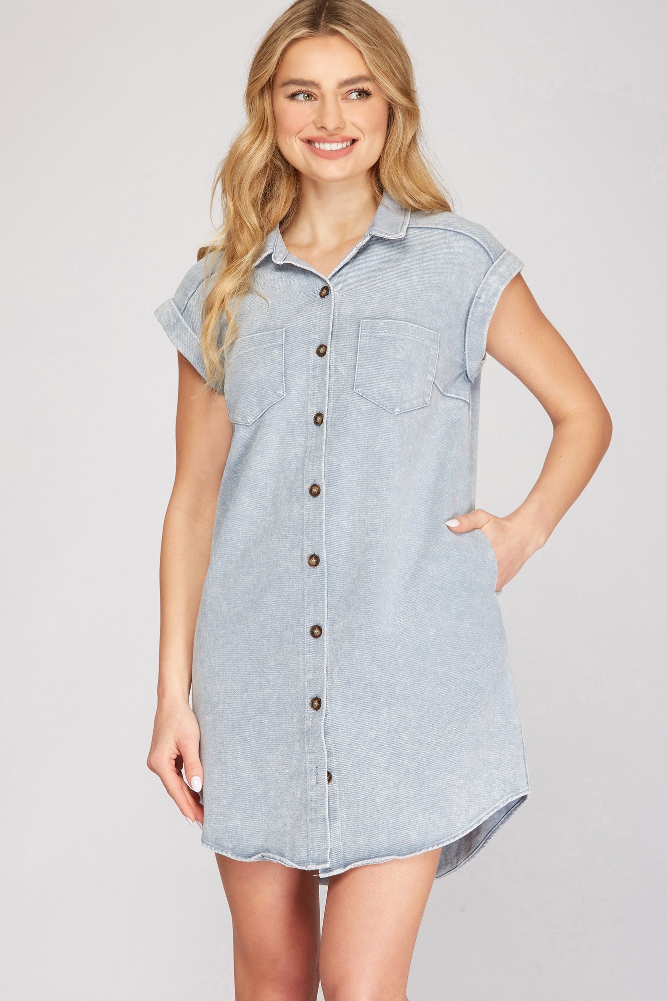 SIDE HUSTLE BUTTON DOWN TWILL SHIRT DRESS IN LIGHT DENIM-Dresses-MODE-Couture-Boutique-Womens-Clothing
