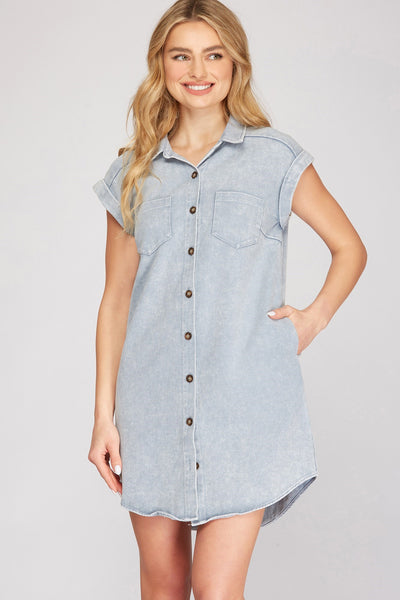 SIDE HUSTLE BUTTON DOWN TWILL SHIRT DRESS IN LIGHT DENIM-Dresses-MODE-Couture-Boutique-Womens-Clothing