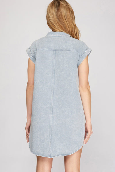 SIDE HUSTLE BUTTON DOWN TWILL SHIRT DRESS IN LIGHT DENIM-Dresses-MODE-Couture-Boutique-Womens-Clothing