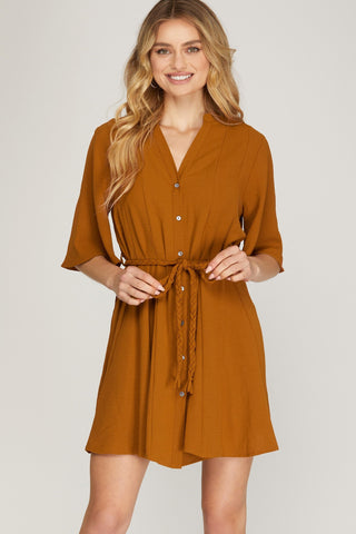 KRISTINE 1/2 BELL SLEEVE DRESS WITH BRAIDED WAIST IN CAMEL-Dresses-MODE-Couture-Boutique-Womens-Clothing
