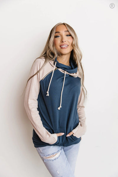 AMPERSAND AVENUE HOME SWEET HOME DOUBLE HOOD SWEATSHIRT IN NAVY COMBO-Sweatshirt-MODE-Couture-Boutique-Womens-Clothing