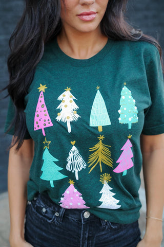 MULTI CHRISTMAS TREE GRAPHIC T-SHIRT IN HEATHER FOREST-GRAPHIC TEE-MODE-Couture-Boutique-Womens-Clothing