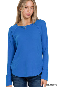 TIFFANY BABY WAFFLE SLEEVE TOP IN OCEAN BLUE-Tops-MODE-Couture-Boutique-Womens-Clothing