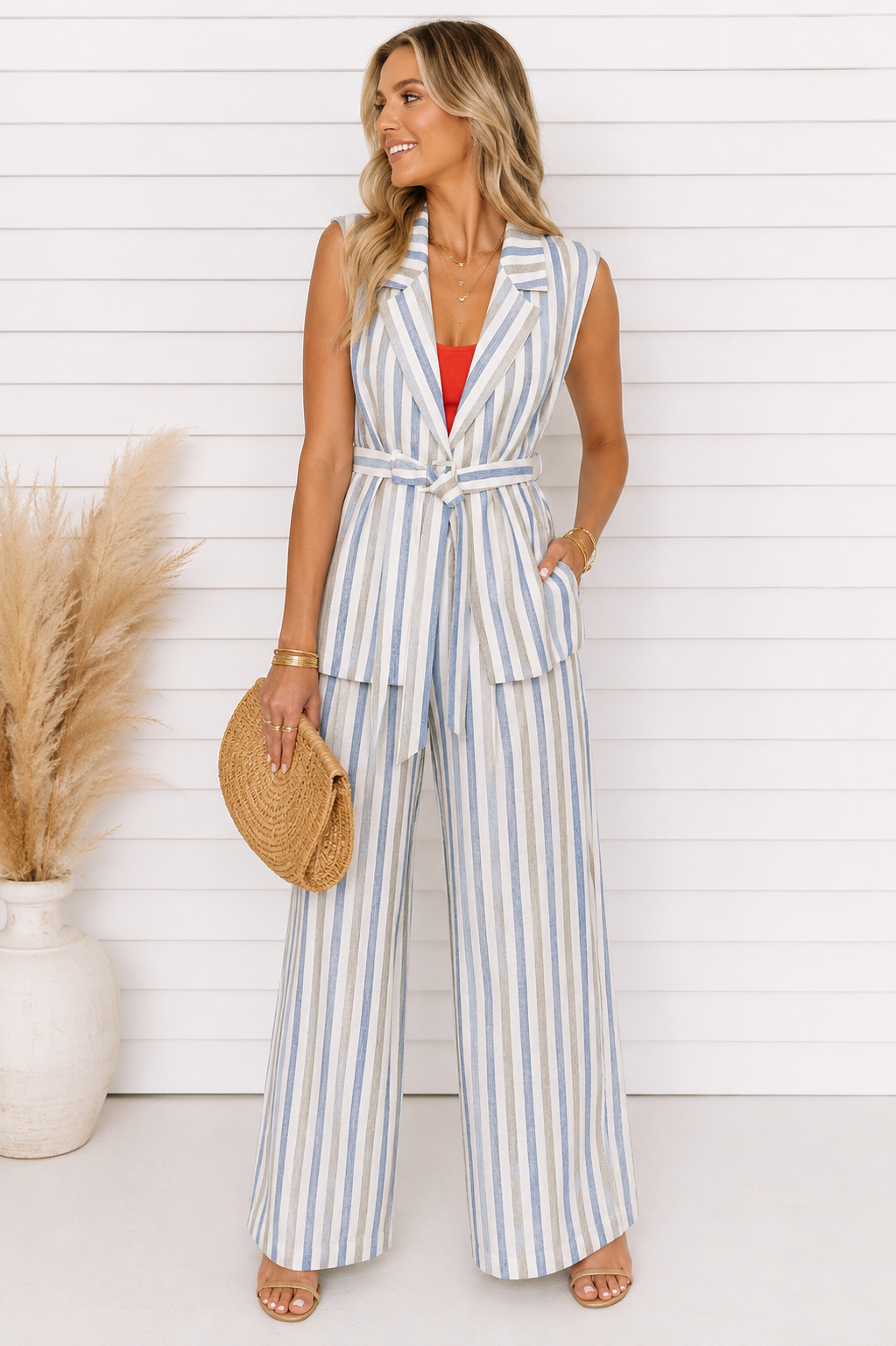 POISED & POLISHED STRIPED PANTS IN OFF WHITE, BLUE & GRAY