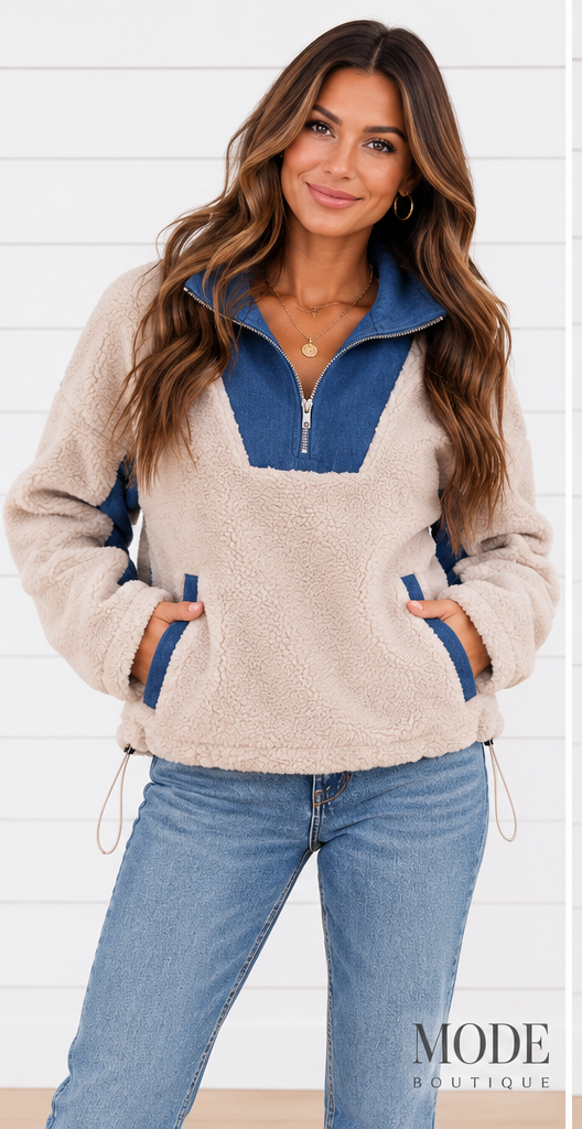 FIRESIDE CHAT SHERPA FLEECE QUARTER ZIP PULLOVER IN CREAM