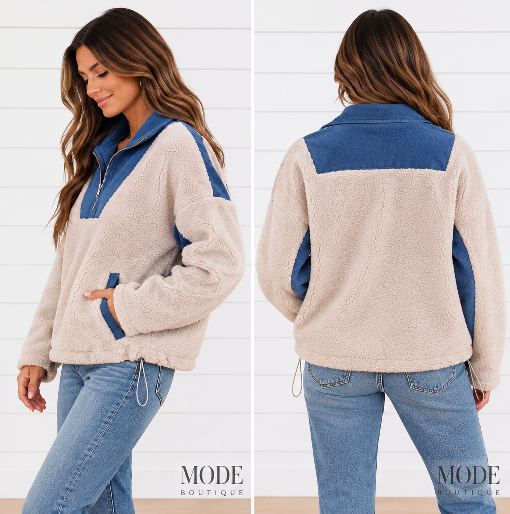 FIRESIDE CHAT SHERPA FLEECE QUARTER ZIP PULLOVER IN CREAM