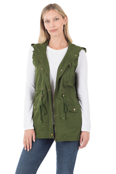 PUDDLE JUMPING DRAWSTRING WAIST MILITARY HOODIE VEST IN OLIVE-Vest-MODE-Couture-Boutique-Womens-Clothing
