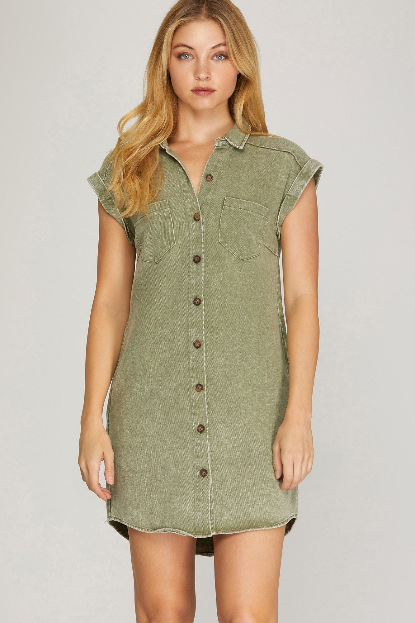 SIDE HUSTLE BUTTON DOWN TWILL SHIRT DRESS IN OLIVE-Dresses-MODE-Couture-Boutique-Womens-Clothing