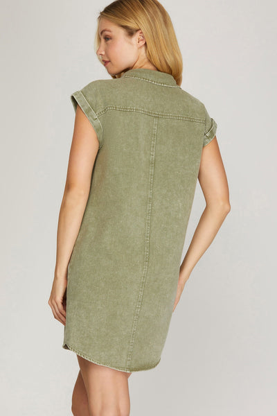 SIDE HUSTLE BUTTON DOWN TWILL SHIRT DRESS IN OLIVE-Dresses-MODE-Couture-Boutique-Womens-Clothing