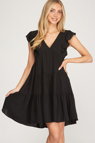 KHLOI SLEEVELESS RUFFLE MIDI DRESS IN BLACK-Dresses-MODE-Couture-Boutique-Womens-Clothing