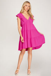 KHLOI SLEEVELESS RUFFLE MIDI DRESS IN MAGENTA-Dresses-MODE-Couture-Boutique-Womens-Clothing
