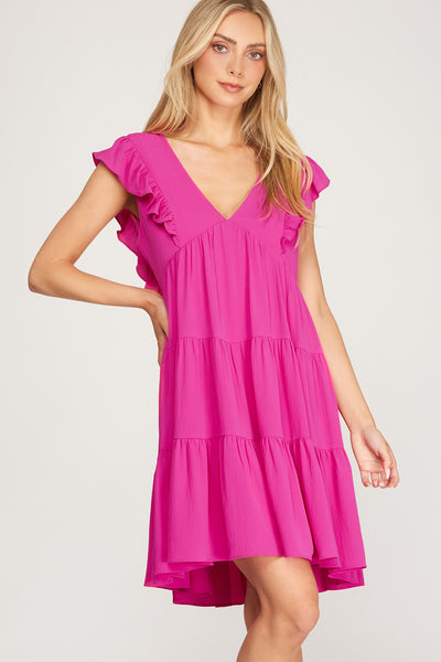 KHLOI SLEEVELESS RUFFLE MIDI DRESS IN MAGENTA-Dresses-MODE-Couture-Boutique-Womens-Clothing
