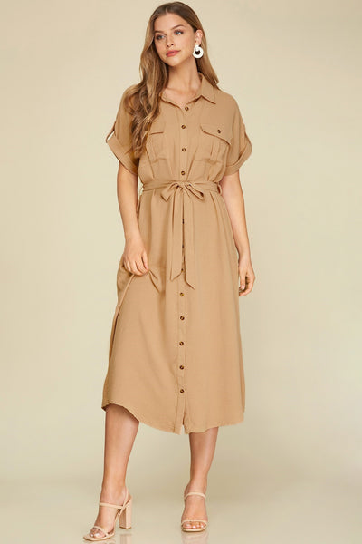 CATCHING A RED EYE BUTTON DOWN DRESS IN TAUPE-Dresses-MODE-Couture-Boutique-Womens-Clothing