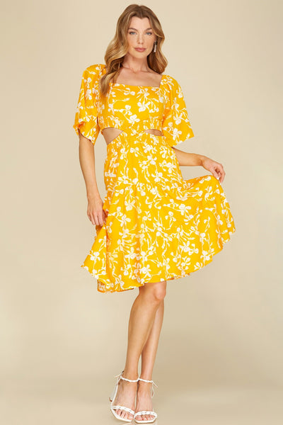 BEACHSIDE BLISS FLUTTER HALF SLEEVE FLORAL DRESS IN YELLOW-Dresses-MODE-Couture-Boutique-Womens-Clothing