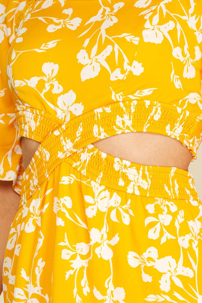 BEACHSIDE BLISS FLUTTER HALF SLEEVE FLORAL DRESS IN YELLOW-Dresses-MODE-Couture-Boutique-Womens-Clothing