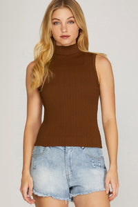 VIDALIA MOCK NECK CABLE KNIT TOP IN BROWN-Tops-MODE-Couture-Boutique-Womens-Clothing