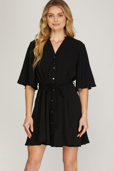 KRISTINE 1/2 BELL SLEEVE DRESS WITH BRAIDED WAIST IN BLACK-Dresses-MODE-Couture-Boutique-Womens-Clothing